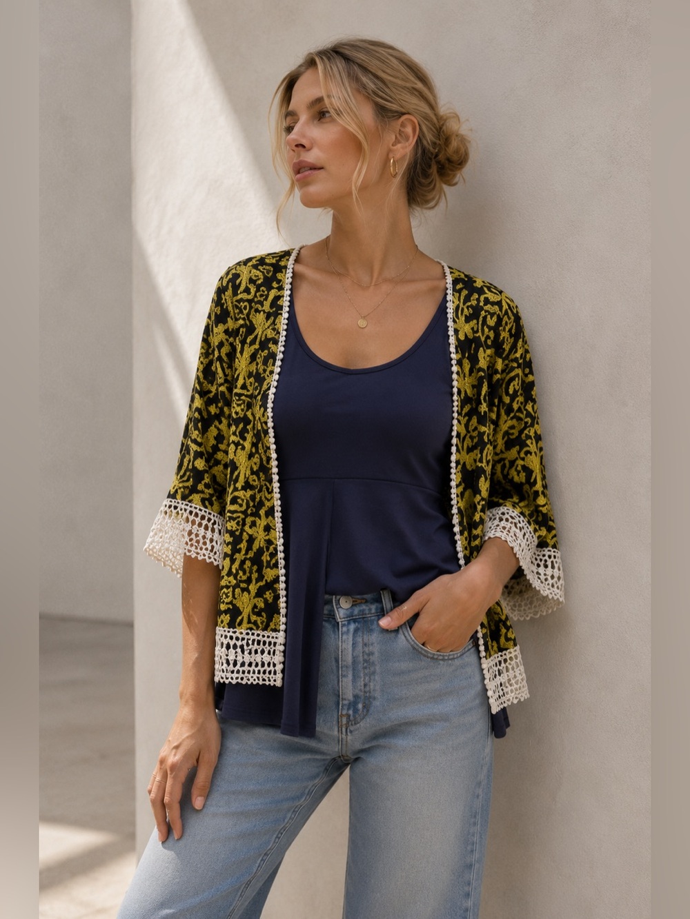 Desigual Natasha Embroidered Kimono Jacket | Black & Yellow | Size M